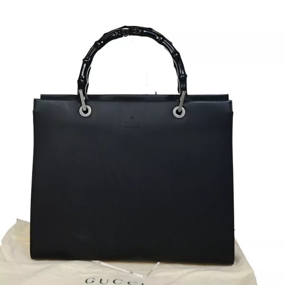Auth GUCCI Logo Bamboo Hand Bag Tote Bag Leather Black Silver Italy